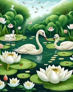 A peaceful pond scene with a family of swans surrounded by water lilies and lotus flowers.