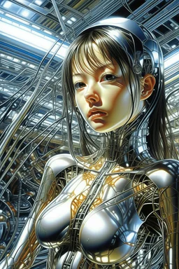 A digital photo by Hajime Sorayama of a beautiful cyborg girl inside a futuristic matrix.