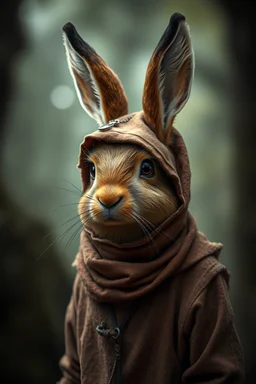 clothed humanoid hare mystic, ragged brown fur, eery mystical look