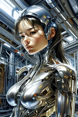 A digital photo by Hajime Sorayama of a beautiful cyborg girl inside a futuristic matrix.