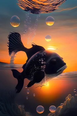 Unterwasser Nixe mit langen schwarzen haaren Halskette Fisch Luftblasen mit Sonnenuntergang