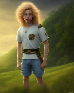 full length photograph of a beautiful 12 year old boy with long, blonde curly hair and light blue eyes, smiling, standing on a green hill in summer, medieval scenery, highly detailed, smooth, photorealistic, digital art, HDR