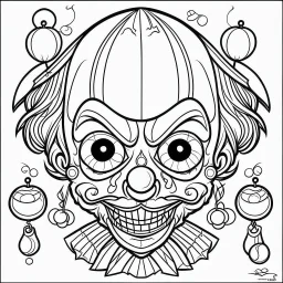 create a 2d black outline, " kawaii psycho clown coloring book for kids", coloring page, low details design, black contour, coloring page design, colorful , card style, coloring page for kids, halloween backgorund,sketch style,