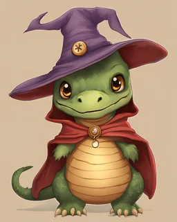 High quality illustration of a plush stuffed dragon doll of a wizard with a large hat and shiny button eyes.