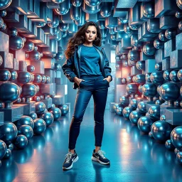 make a picture pretty stage made of metallic cyan-gray teme 3d fractal recursive cubic and sphere base structures and a beautiful fashion model lady posing with cute,with blue teme Chic style pants with a tight shirt and jacket,sport shoes ,makeup curvy long hair,dynamic camera zoom to full body and pan, dynamic lights.