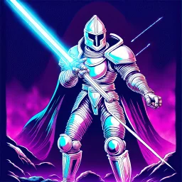 90's retro fantasy art of a heroic space knight with laser sword