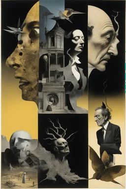 subconscious predictive demoralization, surreal, metaphoric, minimal, fragmented illustrated collage, 3 stages of grief, by Dave McKean and Salvador Dali