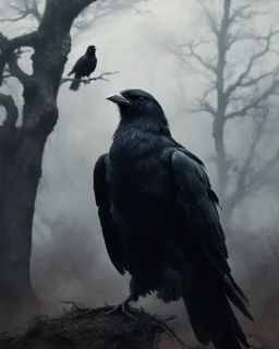 potrait horror vintage realistic cinematic horror mystical dark gothic halfbody crow humanoid,so many black birds crow flying and old high oak trees look like a live walk in in darkness heavy fog smoke horrible horror art visual