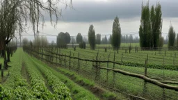 A field of vines with wooden and wire fences and a few large, loose trees. A gray day
