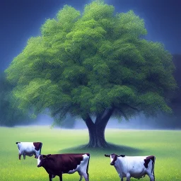 Cows together in the shade of a tree in their pasture, two sitting and one standing.