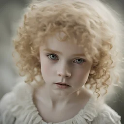 a close up of a person with long hair, mark brooks and brad kunkle, pale skin curly blond hair, lolita style, child hybrid, white wall, afro hair, girl venizian era, short redhead, unusual color palette, innocence, dramatic hair color, pallid skin, child of dark, shot with Sony Alpha a9 Il and Sony FE 200-600mm f/5.6-6.3 G OSS lens, natural light, hyper realistic photograph, ultra detailed -ar 3:2 -q 2 -s 750
