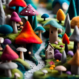 Close-up photograph of a village made of felt, people, fairytale, rock formations, animals, fungi, crystals, mineral concretions, extreme detail, intricate, volumetric light, colours, Tim Burton, Harry Potter, sparkles, bokeh