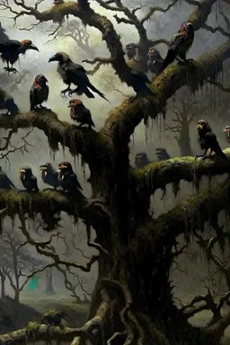 A group of crows with human faces standing on a scary tree without leaves . its skin is covered in moss and lichen, allowing it to blend seamlessly into its surroundings. Forest Spirits feed on the energy of trees and can create thick fog to confuse their victims.