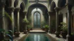 Oil painting, A serene indoor courtyard with a small pool surrounded by arched doorways and covered in lush greenery, creative, extremely detailed brush stroke