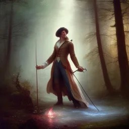 romantic fantasy spray painting, william Turner, close up on dark robed poet holding bow and arrow, loosing torch in magical forest with marble trees