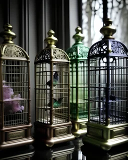 generate me an aesthetic complete image of Perfume Bottles in a Vintage Birdcage