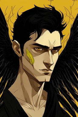 Make me an illustration of a man with black wings, yellow-gold eyes, and black hair with a scar over the left eye.
