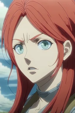 Attack on Titan screencap of a female with Long red hair In the tail and Blue eyes, Pink lips , pale skin. Beautiful scenery of a behind her. MAPPA Studios screencap season 1 screencap