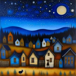 Folk art painting, Nightmare before Christmas under an indigo starry sky, village, Max Ernst, neutral natural colors, mixed media