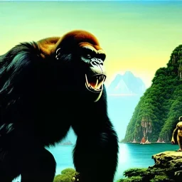 Drawing of 'King Kong on Skull island', painting by Earl Norem, simon Bisley,frazetta,西嘛哒, evan lee, Vallejo,kelly oil on canvas, cinematic composition, extreme detail,fit full head inside picture,8k