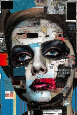 Ultra detailed medium portrait painting of a beautiful abused woman, she is crying and upset, masking tape on her mouth, blue brushed eye, abstract background,torn up collage of clippings, broken circuitry background, matrix effects, punk visual art, punk art aesthetic, graffiti art, pop surrealism, collage art, cluttered paint glitches