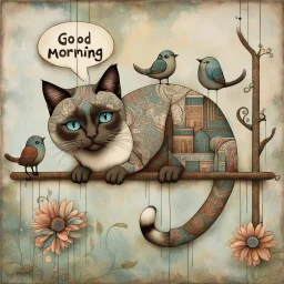 Siamese cat with blue eyes, adorned with intricate patterns and stylized buildings paints, hangs precariously from a floral-patterned board, against a mottled gray-green background. It looks directly at the viewer while a speech bubble above its head states "Good Morning". Three stylized birds in various colors and patterns stand on the branch and board above and below the cat, whimsical, expressionist painting, diswashed, Aging effects, Ogata Kōrin style.