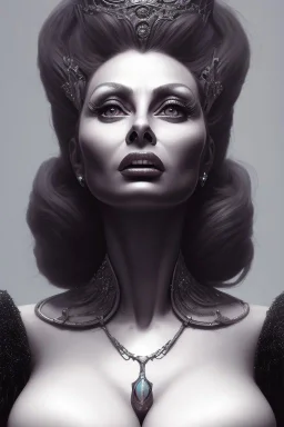 Sophia Loren as evil queen in black leather, cleavage, angry, stern look. character design by cory loftis, fenghua zhong, ryohei hase, ismail inceoglu and ruan jia. unreal engine 5, artistic lighting, highly detailed, photorealistic, fantasy