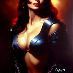 portrait of beautiful busty Rogue painting by azpiri,Brom, oil on canvas, cinematic composition, extreme detail,fit full head inside picture