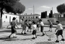 niños y niñas españoles jugando en el patio de un colegio