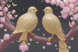 An image of a crystal bird covered in gold etching and diamonds, perched on a branch of cherry blossoms. The scene is illuminated by a soft, ethereal light, enhancing the intricate details and textures of the bird and the surroundings. The art style is detailed, realistic, and captures the magical essence of the scene, trending on ArtStation. The composition combines elements of classical elegance and modern fantasy, reminiscent of the masterful works elegant fantasy intricate high