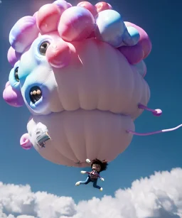 Ultra realistic clouds sky scene, wide angle, sweet childs, free jumping flying, trinkets, monster hair, hair monster, jelly beans, balls, smile, happy, circus style, inflatable color clothing, extreme, wind, clouds sea, 20,000 feet altitude, stratosphere, soft color, highly detailed, unreal engine 5, ray tracing, RTX, lumen lighting, ultra detail, volumetric lighting, 3d, finely drawn, high definition, high resolution.