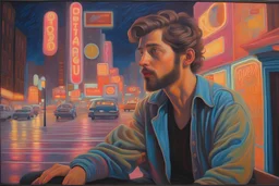 Rita Angus oil tufting tapestry painting a dreaming young beard guy in the pop '80s neon streets NY lights oil painting art