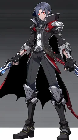 Genderbent female Wriothesley from Genshin impact , 8k , full body , cool background, no weapons , chains on fist , has tufted black hair with grey streaks, pale grey eyes, and pale skin. He bears a scar beneath his right eye; three scars extending from high on his neck down to his mid-chest, with one on the right, one on the left, and one along the midline; and scars on his left and right forearms.