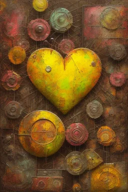 an abstract painting of rusted metal and flowers, heart filled with love American baby, rust, scaffolding, iron cladding, decay, mixed media, textured, anatomically correct, beautiful perfect face, sharp focus, highly detailed