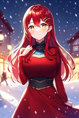 girl, masterpiece, best quality, volumetric lighting, detailed outfit, perfect eyes, red hair, golden eyes, long hair, snowing, outdoors, winter outfit, hairclip, depth of field, red outfit,