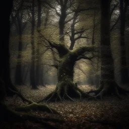 A stunning hyperrealistic photograph of a tree amidst a heavy and dark blurred forest backdrop. The tree's intricate details are captured in exquisite detail, showcasing the beauty of nature. The contemplative and serene atmosphere of the scene is enhanced by the film-like quality of the 35mm photograph, with a subtle granular texture adding depth and warmth.