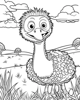 create a 2d black outline, "safari smiling cartoon Ostriche coloring book for toddlers", coloring page, low details design, black contour, coloring page design, simple background, colorful , card style, coloring page for kids, white background, sketch style, safari landscape, cartoon style