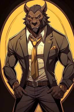 Buff, anthro, wolf, himbo, black fur, gold eyes, wearing a suit, full-body, muscles, strong, muscular, man boobs, bulky, tail, dark fur, smug grin, hands on hips, furry-himbo, broad shoulders, wide hips, big chest, big muscles,