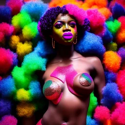 full body shot, masterpiece, best quality, black skinned man, sticking tongue out, sparkling eyes, fluorescent skin, colorful makeup, afro, highly detailed body, afrofuturism, scifi, sun light, 4K, RAW, depth of field, high contrast, realistic details, 24mm