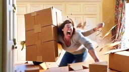 woman starts frantically tearing through a very large door sized box the kitchen table was delivered in