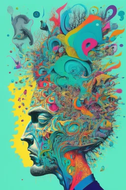 "Chaos Is Our Mental State"; Side Profile Of A Human Head Full Of A Chaotic Whirlwind Of Faces, Symbols, Words, And Products; Pop Art; Surrealism; Salvador Dali, Alex Pardee, Insanely Detailed; Intricate; Award-Winning; Bright Pastels