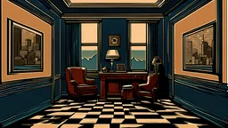 a dimly lit room in the illustration medium and in the style of comic book which inspired by works of James Montgomery Flagg, and blue color scheme and the view is front view in the era of ancient