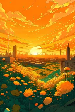 overhead shot, scify city, evening time , sun set, flower plants, grasses, orange, yellow sky, dynamic white clouds, magnificent, vibrant, hdr, 4k, 8k, anime style, vector art, low angle shot, aesthetic, Mysterious sketch