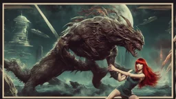 Full-body retro photo of a woman with straight red hair and a Fringe, in a fight with a monster, wrapped in tenacles, in an action pose, sci-fi Background