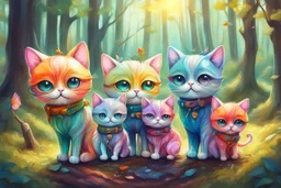 Cute chibi colourful Glass cat family on an excursion in the forest, may pole in style of Mariya Markina, digital painting; fantasy; very attractive; beautiful; high detail; cinematic postprocessing; acrylic art in sunshine