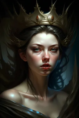 Intricate portrait of a pretty young queen with soft skin, fantasy, dramatic makeup, intricate stunning highly detailed girl by artgerm and edouard bisson, highly detailed oil painting, portrait of a beautiful person, art by stanley artgerm, charlie bowater, atey ghailan and mike mignola, body deformities, ugly hands, nudity,