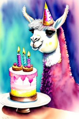 A cute llama is having a birthday cake. Watercolour