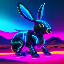 Neon Cyber-Tech icons in Metallic 3D Rendered Form. This image has been Generated by Generative Ai. Explore the surreal landscape of the desert as a futuristic twist on the icons emerges. Rendered in 3D, this cyber-tech bunny takes on a metallic form, adorned with neon accents that shimmer against the barren desert backdrop. With its hi-tech features and cybernetic design, this icons presents an intriguing juxtaposition of tradition and