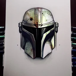 photorealistic the mandalorian helmet, illustration by <agnes cecile> <Yoji Shinkawa>, ornate and intricate details , soft smooth lighting, concept art, black satin background, vivid multicolor mix