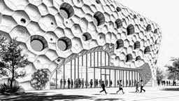 Museo de ciencias naturales cuya fachada es una piel escamosa que respira mediante aberturas pulsantes, niños corriendo frente a la entrada, render en blanco y negro con texturas de pluma y tinta.